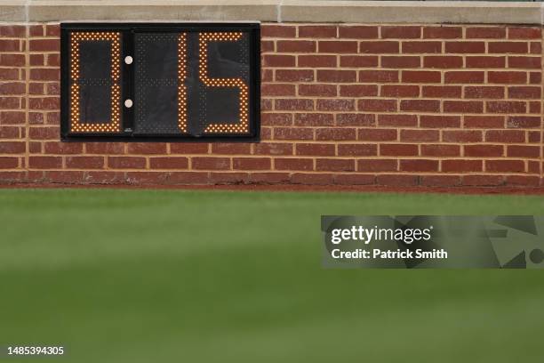 The pitch clock is seen at Oriole Park at Camden Yards on April 25, 2023 in Baltimore, Maryland.
