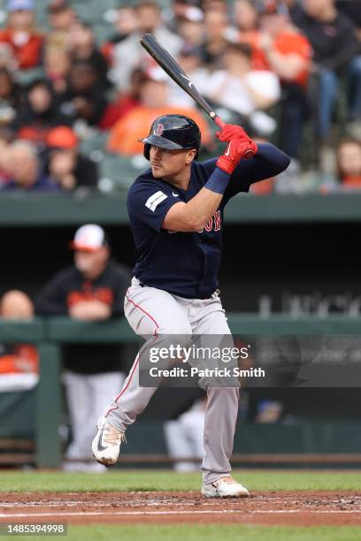 Reese McGuire of the Boston Red Sox bats against the Boston Red Sox at Oriole Park at Camden Yards on April 25, 2023 in Baltimore, Maryland.