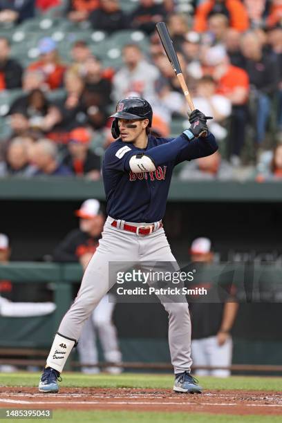 Jarren Duran of the Boston Red Sox bats against the Baltimore Orioles at Oriole Park at Camden Yards on April 25, 2023 in Baltimore, Maryland.