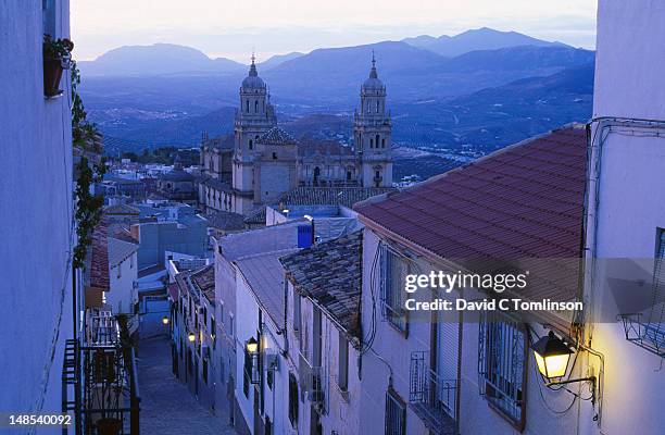 cathedral from narrow street on cerro santa catalina hill at dusk. - jaén foto e immagini stock