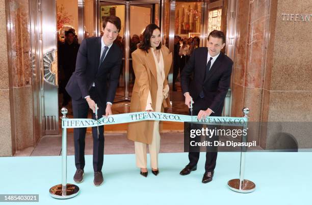 Tiffany & Co. EVP of product and communications, Alexandre Arnault, Global Brand Ambassador, Gal Gadot, and Tiffany & Co. CEO, Anthony Ledru attend...