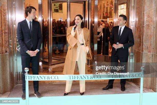 Tiffany & Co. EVP of product and communications, Alexandre Arnault, Global Brand Ambassador, Gal Gadot, and Tiffany & Co. CEO, Anthony Ledru attend...