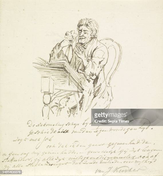 Descendant reading about the history of the present tense anonymous, after Pieter van Woensel, 1795 - 1845, Cartoon of a man who, when reading the...