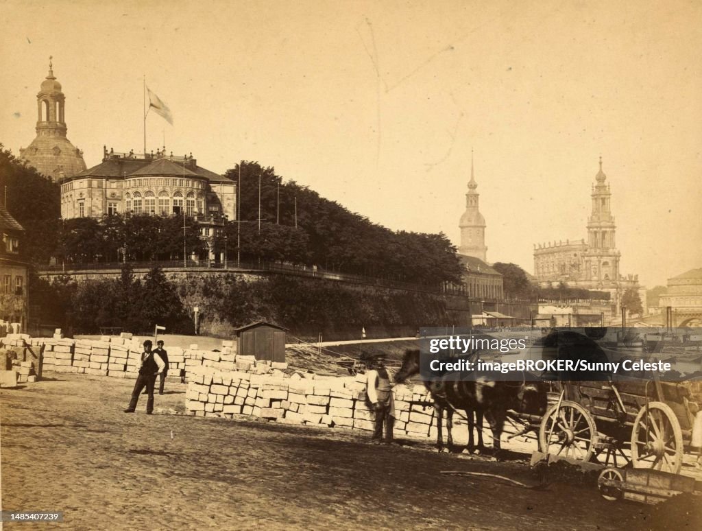 View of the Church of Our Lady and Stadtkirche in Dresden in 1860, Saxony, Germany, Historical, digitally restored reproduction from an 18th or 19th century original