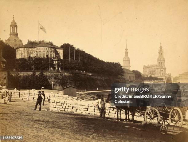 view of the church of our lady and stadtkirche in dresden in 1860, saxony, germany, historical, digitally restored reproduction from an 18th or 19th century original - dresden frauenkirche stock illustrations