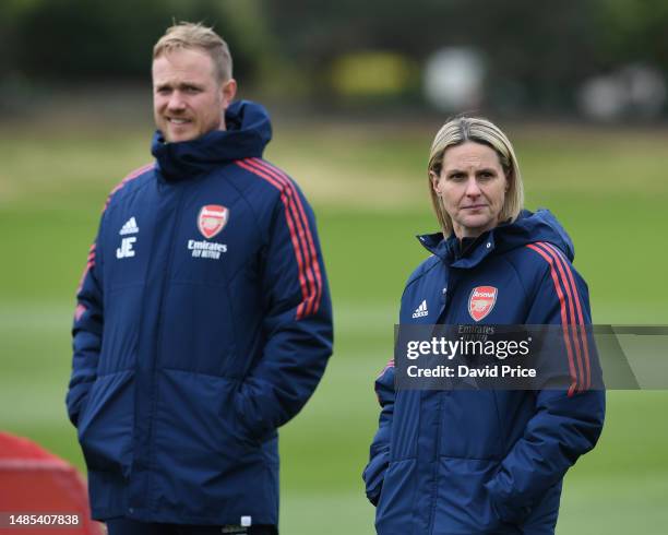 Former Arsenal player Kelly Smith joins the coaching staff during the Arsenal Women's training session at London Colney on April 26, 2023 in St...