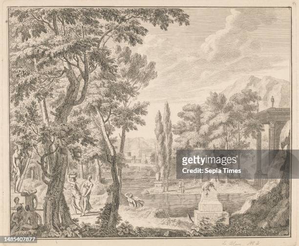 By a water with remnants of Roman ruins on the shore stands a statue of the goddess Diana. Two women bring flowers and fruit as offerings to the...