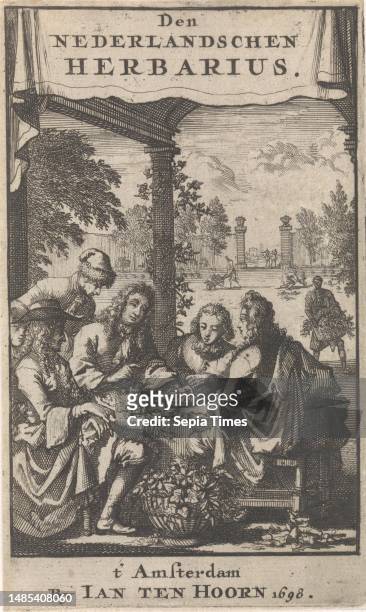 Title Page and Eight Prints with Flowers In an open gallery, six men study flowers and plants spread out on the table Title page for: S. Blankaart,...