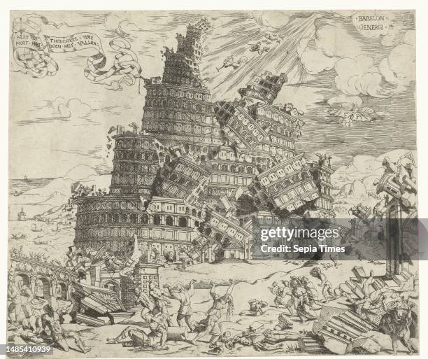 The tower of Babel collapses and the inhabitants try to flee from the falling debris. In the foreground in the middle left is Nimrod, the king of...