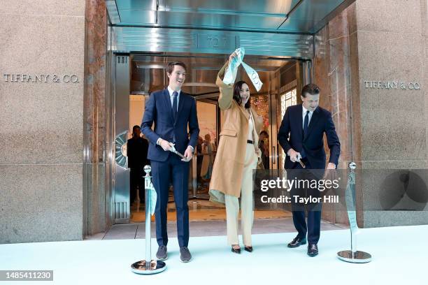 Alexandre Arnault, Gal Gadot, and Anthony Ledru cut the ribbon celebrating the reopening of Tiffany & Co's "The Landmark" at 5th Avenue and West 57th...