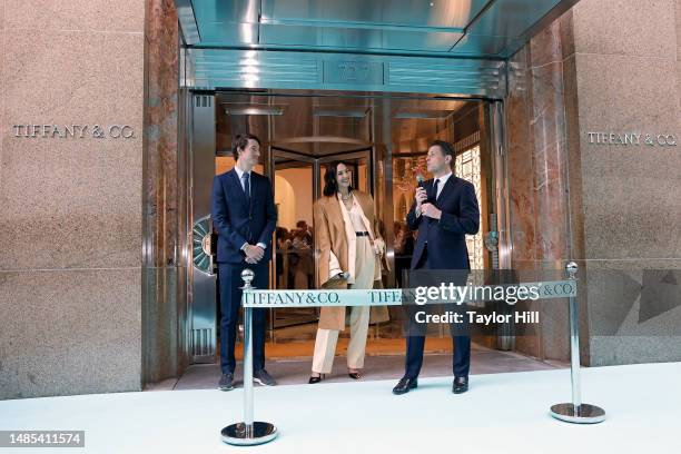 Alexandre Arnault, Gal Gadot, and Anthony Ledru attend the ribbon cutting celebrating the reopening of Tiffany & Co's "The Landmark" at 5th Avenue...