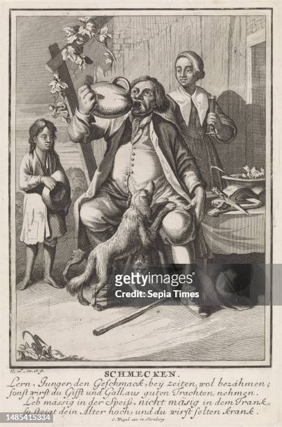 Man sits outside at a table, drinking wine from a pitcher. Around him are his wife and a child. On the table a piece of ham on the bone. The print...
