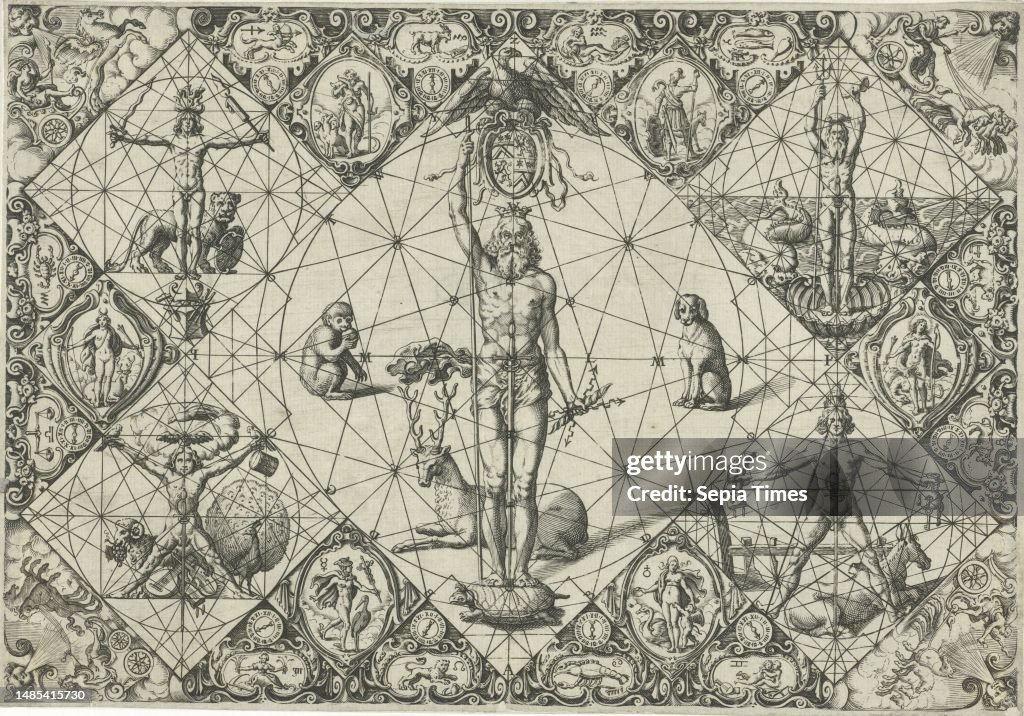 The crowned Jupiter stands within a circle on a tortoise and is surrounded by animals symbolizing the five senses: monkey taste