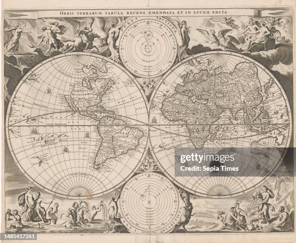World map, with above a representation of the system of Nicholas Copernicus, and below the system of Ptolemy. Above, in a banderole, the title. In...