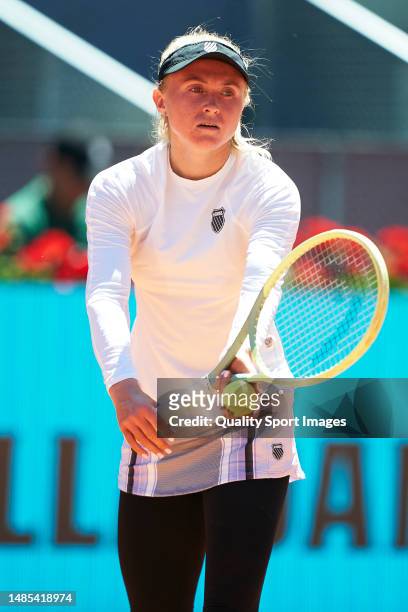 Aliaksandra Sasnovich serves against Elina Svitolina of Ukraine in their Women's Singles Round of 64 match during day three of Mutua Madrid Open at...