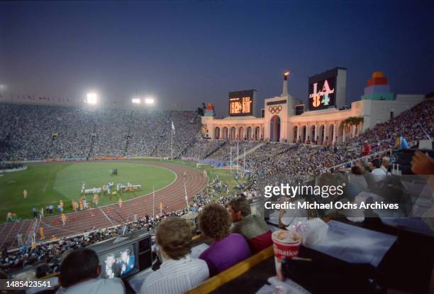 The scoreboard displays the results of the men's marathon in a view of the Los Angeles Memorial Coliseum on the final day of the 1984 Summer...