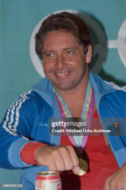 German weightlifter Rolf Milser following his gold-winning performance in the men's 100 kg competition of the men's weightlifting events at the 1984...