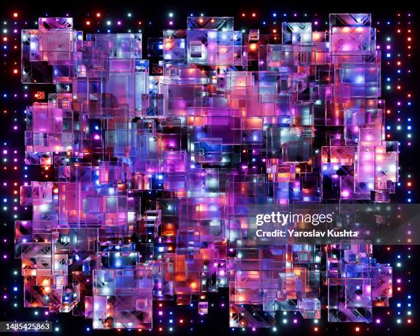 abstract neon glowing boxes data connections 5g cgi- stock image - korea technology stock pictures, royalty-free photos & images