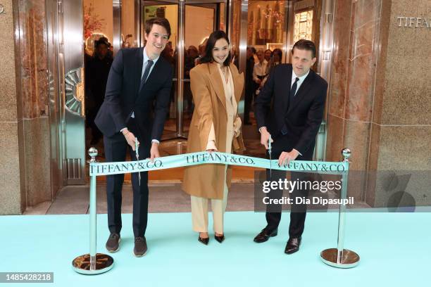 Tiffany & Co. EVP of product and communications, Alexandre Arnault, Global Brand Ambassador, Gal Gadot, and Tiffany & Co. CEO, Anthony Ledru attend...