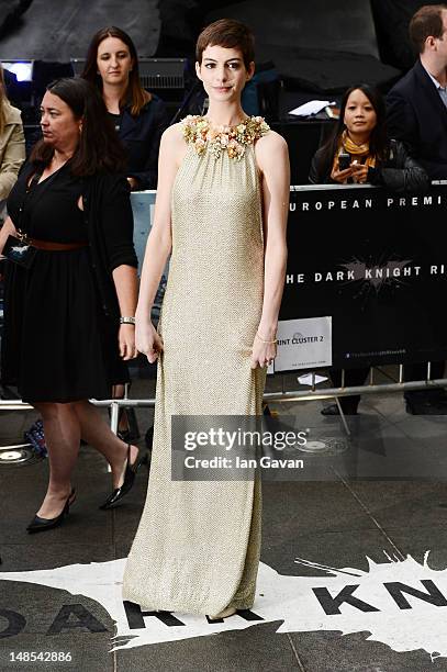 Actress Anne Hathaway attends European premiere of "The Dark Knight Rises" at Odeon Leicester Square on July 18, 2012 in London, England.