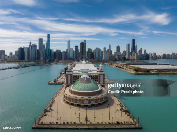 aerial view of the drone in navy pier chicago with skyscrapers, streets ,rivers and park in the center of the city near the beautiful lake michigan in illinois, usa. - navy pier stock pictures, royalty-free photos & images