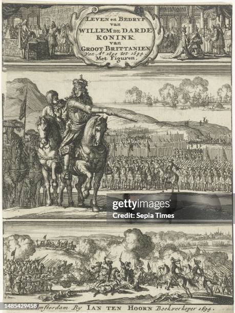 Four scenes from the life of William III, Prince of Orange-Nassau, King of England. Main scene: William III as commander during a battle. Above:...