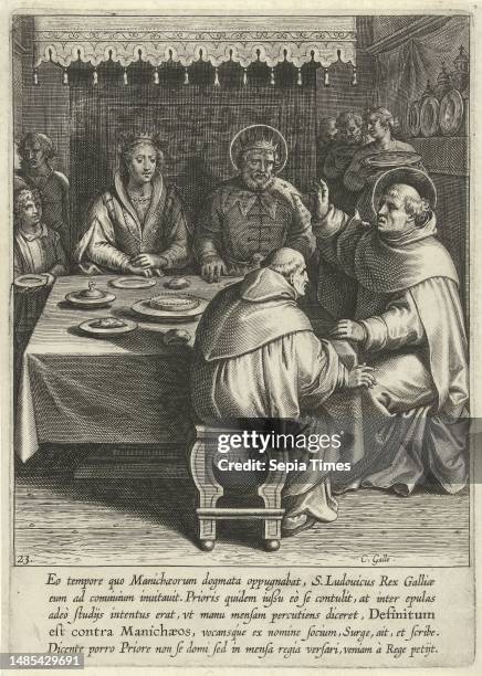 Print from a series of 30 prints depicting the life story of Thomas Aquinas. The prints, designed and published by Otto van Veen, were made by C....