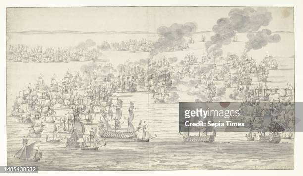 The departure of the English, Dutch, Zeeland and French fleets after the battle of Solebay on June 7, 1672. In the background burns the 'Royal James'...