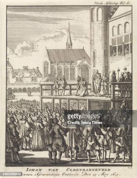 Johan van Oldenbarnevelt kneels before his beheading at the Binnenhof in The Hague, 13 May 1619. His servant Jan Francken stands at his side on the...