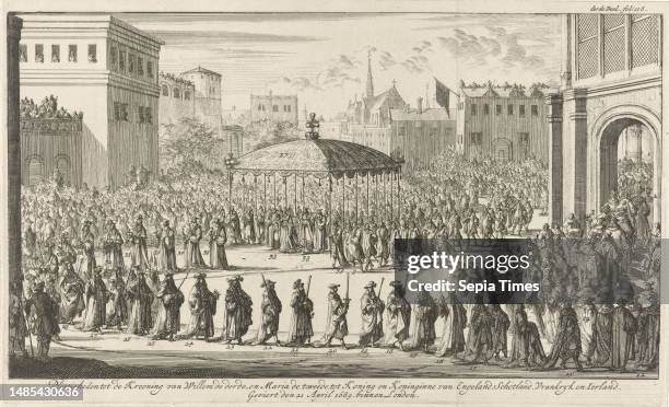 Procession to the coronation ceremony, 21 April 1689. William III and Mary II Stuart under a canopy in a long procession on their way to Westminster...