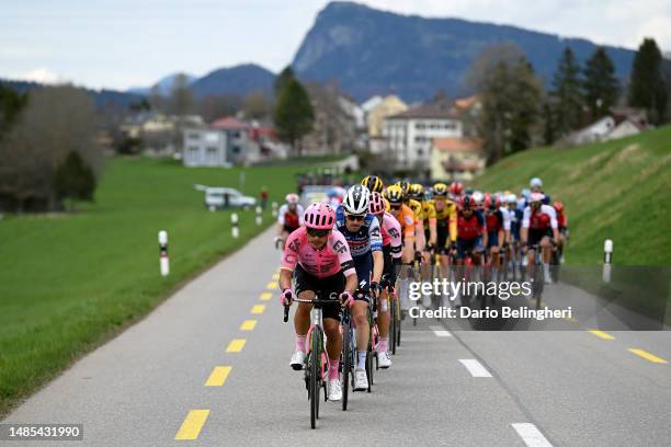 Jonathan Caicedo of Ecuador and Team EF Education-Easypost and Dries Devenyns of Belgium and Team Soudal Quick-Step lead the peloton during the 76th...