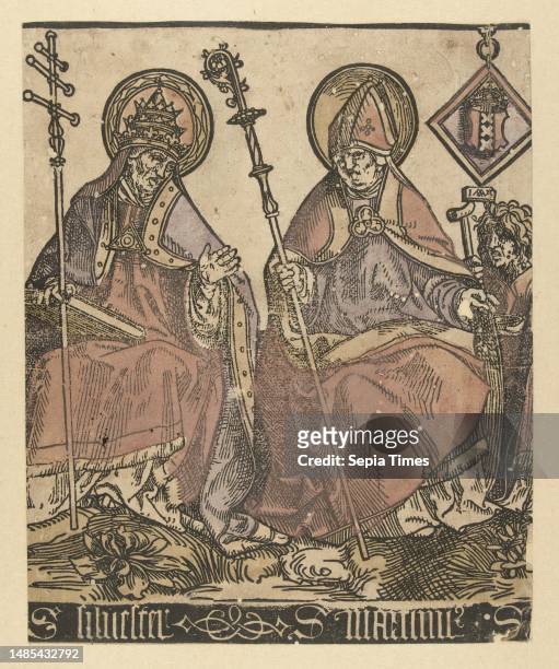 Left half of a print. From series of three prints printed from six blocks. Saint Sylvester and Saint Martin, both seated side by side in great...