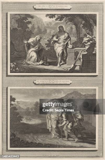 Two appearances of Christ after the resurrection. Above, he appears to Mary Magdalene, who kneels before him. Front right shows garden tools, as Mary...