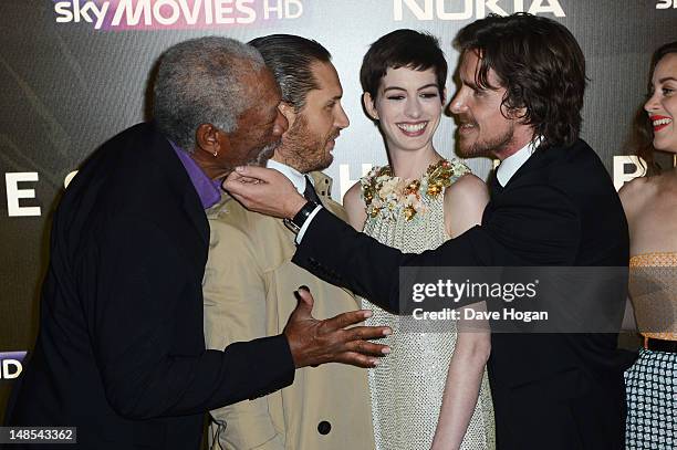 Morgan Freeman, Tom Hardy, Anne Hathaway and Christian Bale attend the European premiere of The Dark Knight Rises at The BFI IMAX on July 18, 2012 in...