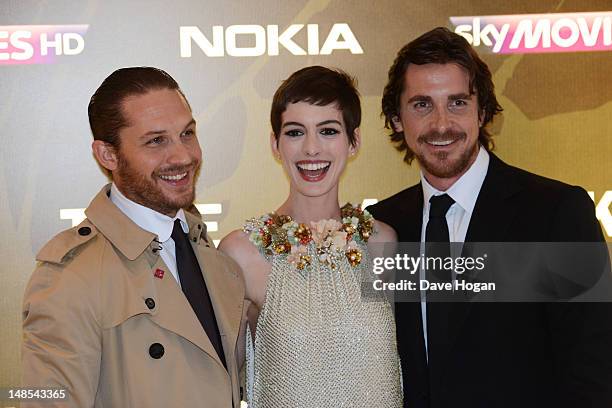Tom Hardy, Anne Hathaway and Christian Bale attend the European premiere of The Dark Knight Rises at The BFI IMAX on July 18, 2012 in London, England.