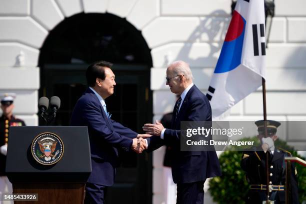 President Joe Biden welcomes South Korean President Yoon Suk-yeol to the White House during an arrival ceremony on April 26, 2023 in Washington, DC....