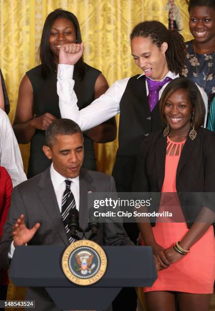 Women’s Basketball champion Baylor University Lady Bears 6-foot 8-inch junior center Brittney Griner pumps her fist as U.S. President Barack Obama...