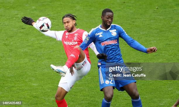 During the Ligue 1 match between Stade Reims and RC Strasbourg at Stade Auguste Delaune on April 23, 2023 in Reims, France.