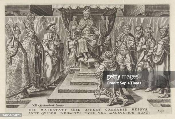 Philip I, Landgrave of Hesse, kneels before the throne of Charles V in total surrender. On Charles V's left, the bishops of Arras, Naumburg and...