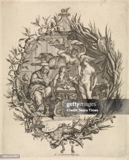 Allegorical representation on the arts. In the center, an altar surmounted by two burning hearts, behind a woman holding a torch. Above flies a...