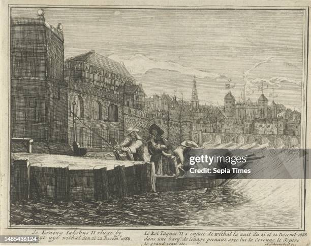 The flight of King James II by night from the palace at Whitehall London, 20 December 1688 Possessions being loaded into a rowboat Plate K in the...