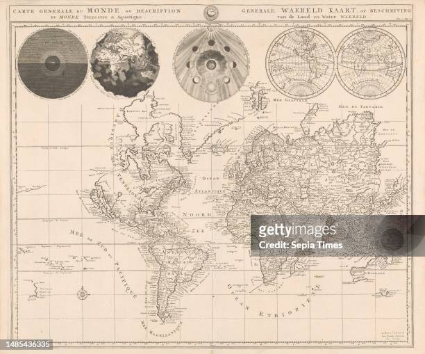 World map. Above the map a bar with the title in Dutch and French. At the top of the map five spheres with, from left to right, depictions of day and...