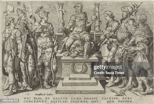 Emperor Charles V is seated on a throne, with an eagle between his feet. The eagle has in its beak a ring to which are attached ropes by which the...