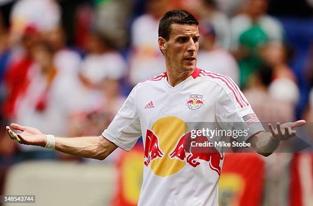 Sebastien Le Toux of the New York Red Bulls looks on against Chicago Fire at Red Bull Arena on July 18, 2012 in Harrison, New Jersey. Red Bulls...