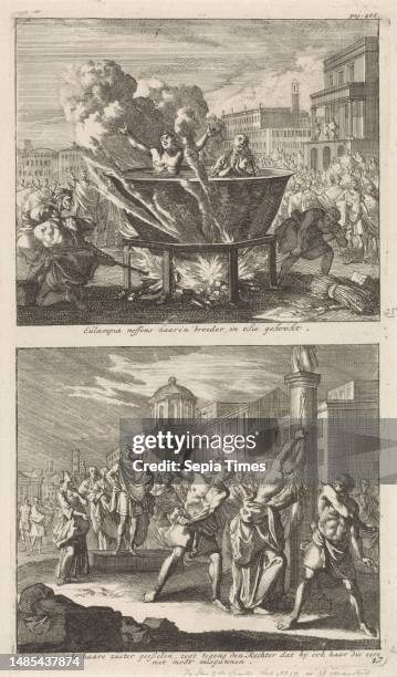 Two representations on a plate. Above: in a large cauldron of boiling oil sit Saint Eulampia and Saint Eulampius. Around the cauldron, spectators...