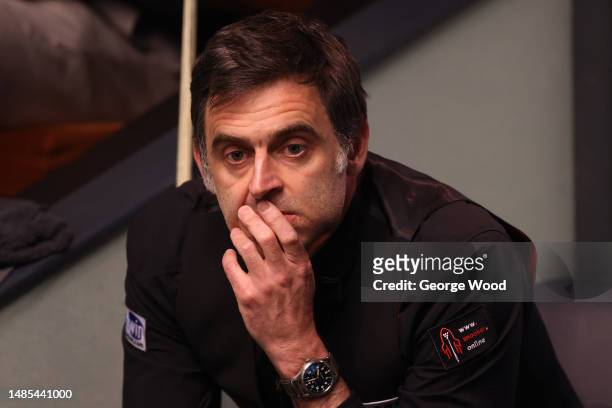 Ronnie O'Sullivan of England reacts during their Quarter Final match against Luca Brecel of Belgium on Day Twelve of the Cazoo World Snooker...