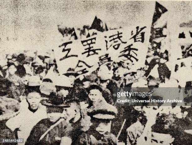 Guangdong and Hong Kong workers strike for more than a year to support Shanghai's anti-imperialist movements. Pictured are workers holding protests...