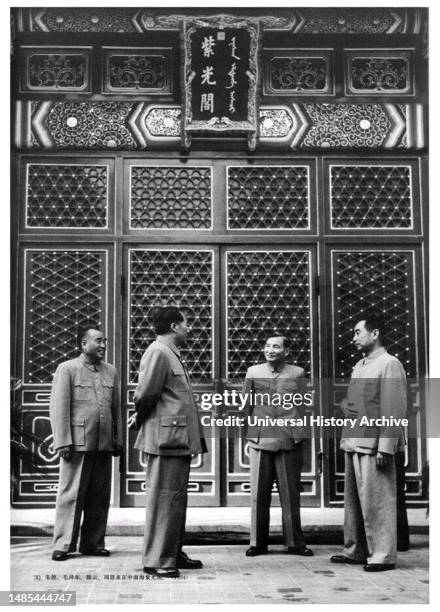 Chinese Communist Party leadership including Left to right: Zhu De, Mao Zedong, Chen Yun and Zhou Enlai in Ziguang Pavilion, Zhongnanhai, Beijing.