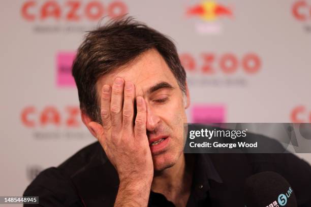 Ronnie O'Sullivan of England reacts during an interview following their Quarter Final match against Luca Brecel of Belgium on Day Twelve of the Cazoo...