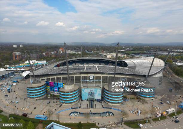 An aerial view of the Etihad Stadium prior to the Premier League match between Manchester City and Arsenal FC on April 26, 2023 in Manchester,...